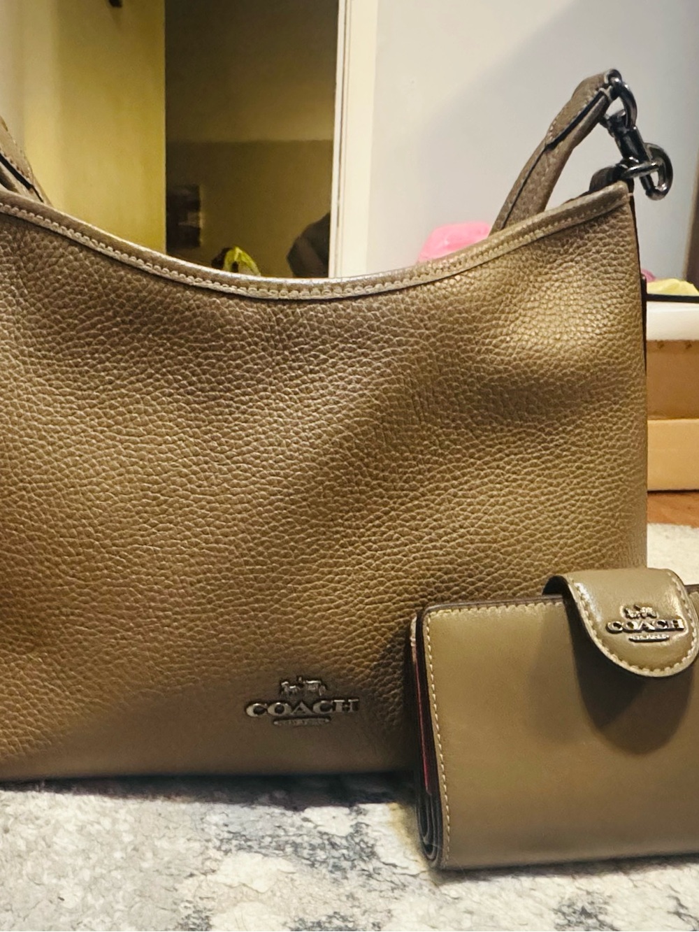 Coach Olive-Tone Pebbled Leather Shoulder Bag with Matching Wallet